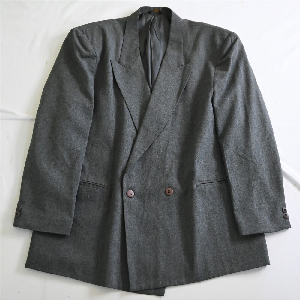 Vtg USA Made 44R Gray Wool Double Breasted Blazer Jacket Sport Coat